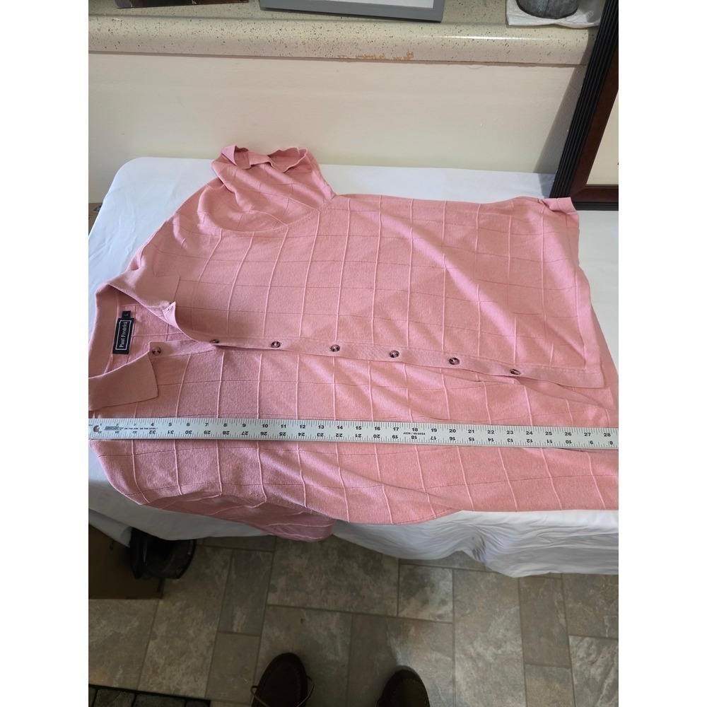 Mens Casual Shirt ,Salmon Pink Grid Knit Button Front Shirt Short Sleeve, Large - Picture 5 of 6